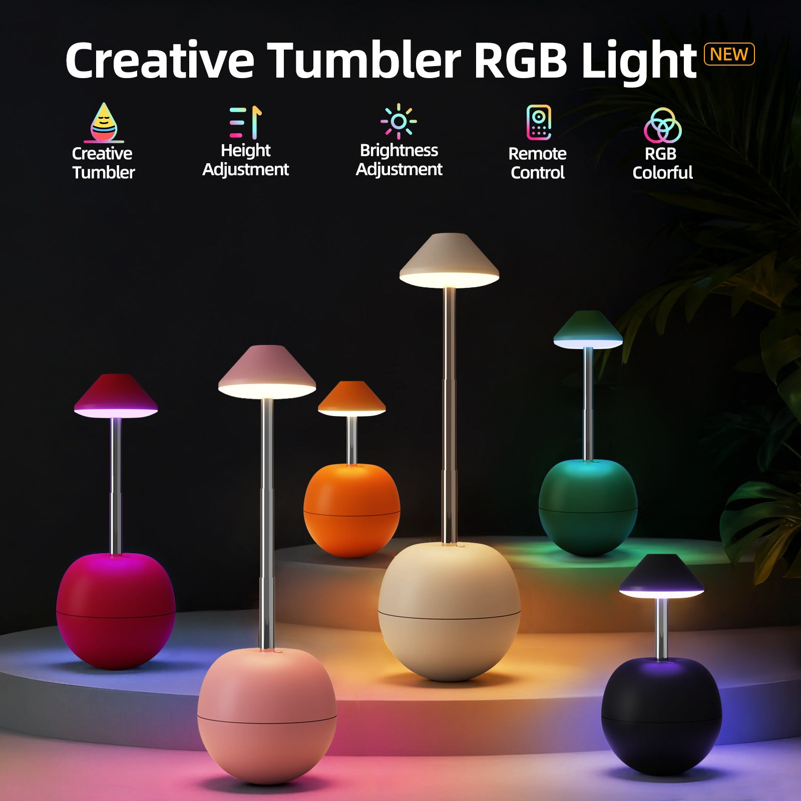 White Creative Tumbler LED Night Light - Rechargeable RGB Desk Lamp with Remote Control - Height Adjustable, Brightness Adjustable, Bedside Ambient Light