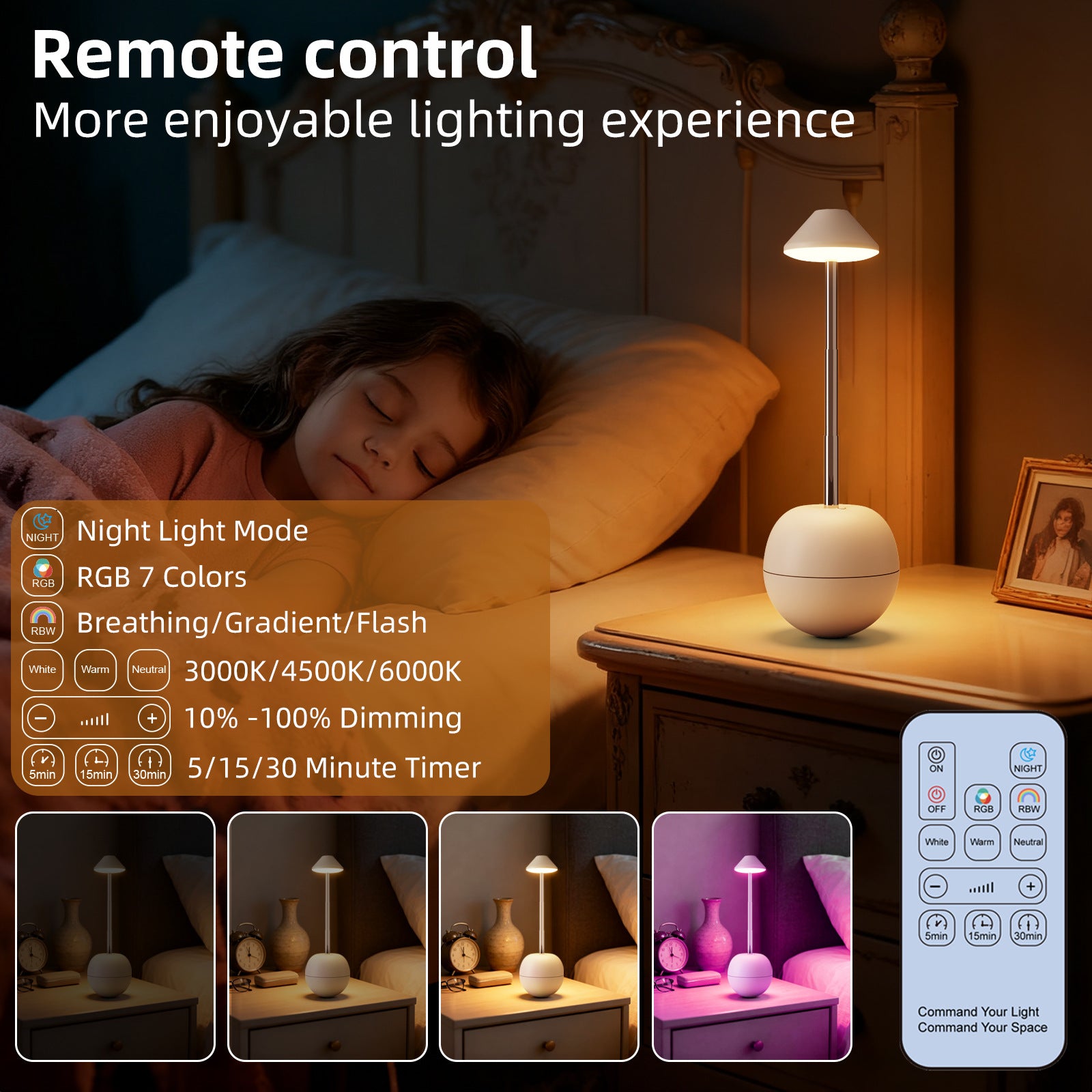 White Creative Tumbler LED Night Light - Rechargeable RGB Desk Lamp with Remote Control - Height Adjustable, Brightness Adjustable, Bedside Ambient Light