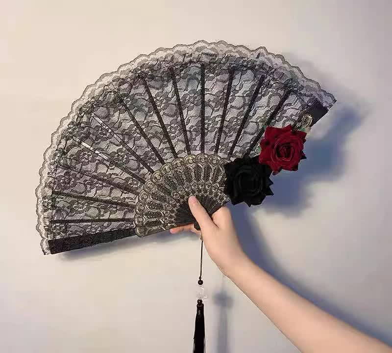 2 Pack Black Feather Wine-Red Rose Lace Vintage Lace Folding Fans Gothic Palace Style with Rose Cross Tassels for Tea Party Cosplay and Photo Props