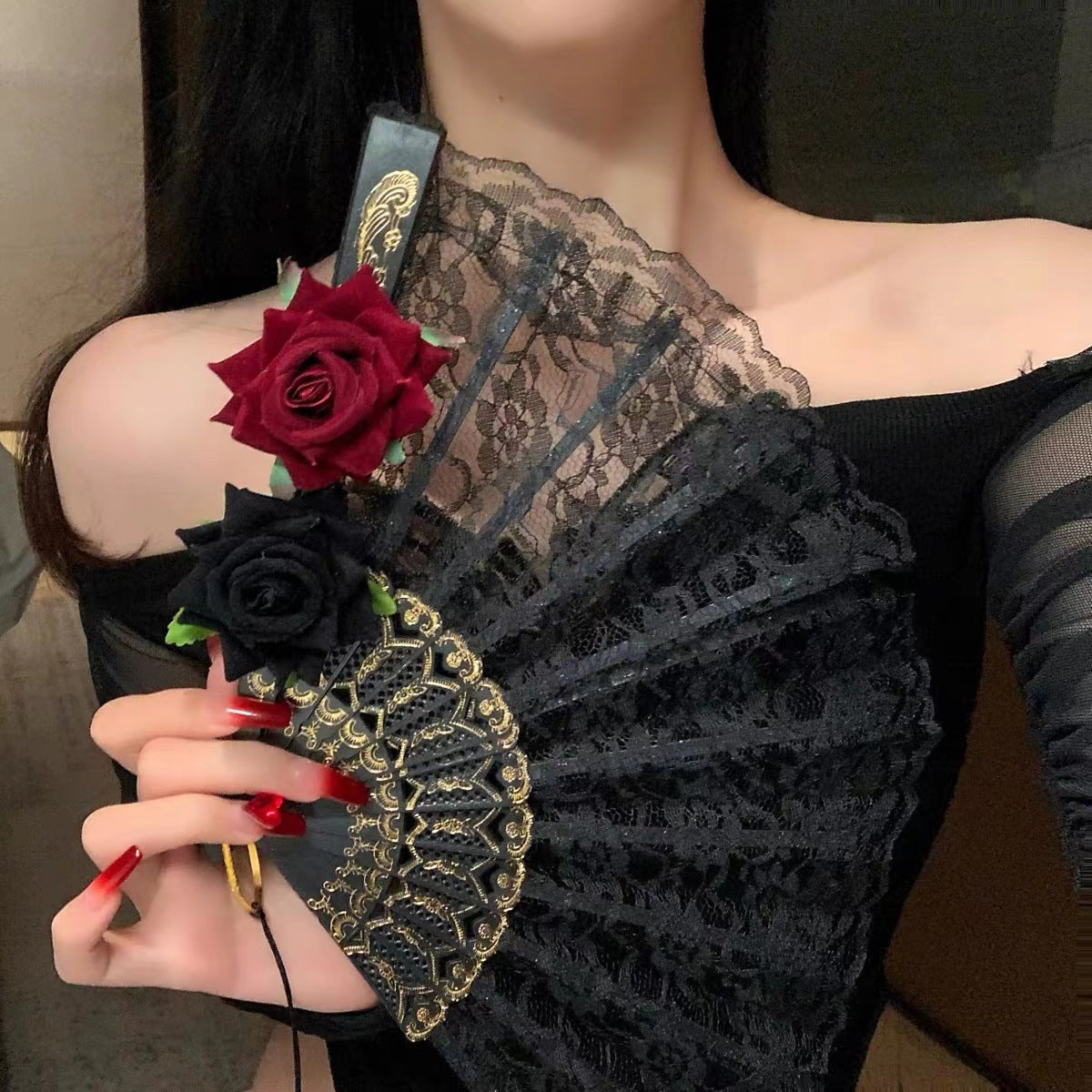 2 Pack Black Lace Black Rose Cross Vintage Lace Folding Fans Gothic Palace Style with Rose Cross Tassels for Tea Party Cosplay and Photo Props