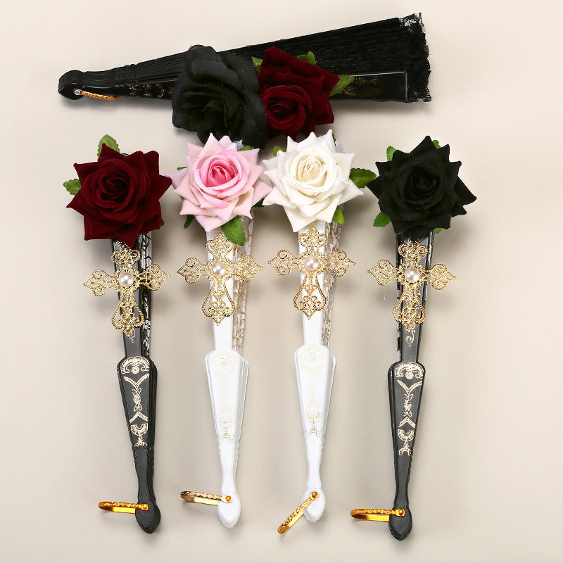 2 Pack Black Lace Black Rose Cross Vintage Lace Folding Fans Gothic Palace Style with Rose Cross Tassels for Tea Party Cosplay and Photo Props