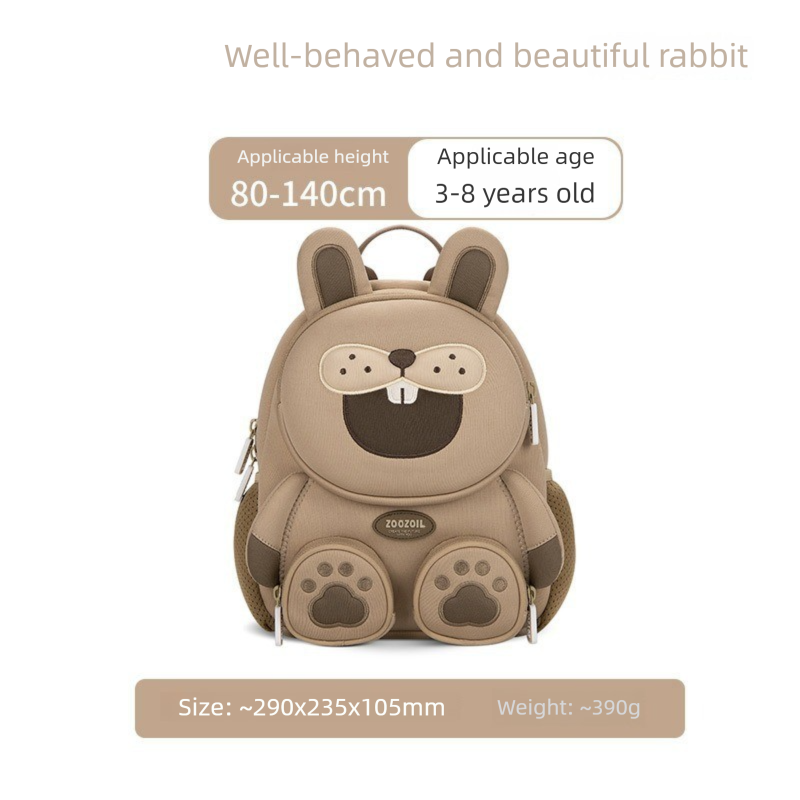 Cute 3D Rabbit Kids Backpack Bucktooth Bunny School Bag Lightweight Neoprene Style with Chest Strap Breathable Mesh Back for Kindergarten Preschool Travel Beige