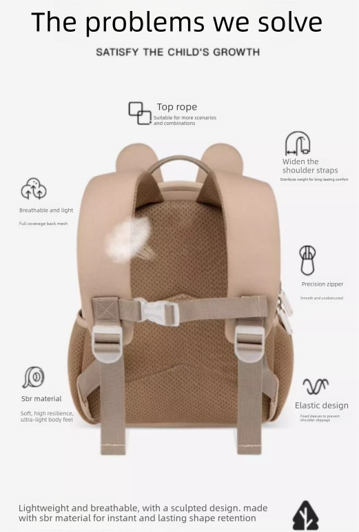 Cute 3D Rabbit Kids Backpack Bucktooth Bunny School Bag Lightweight Neoprene Style with Chest Strap Breathable Mesh Back for Kindergarten Preschool Travel Beige