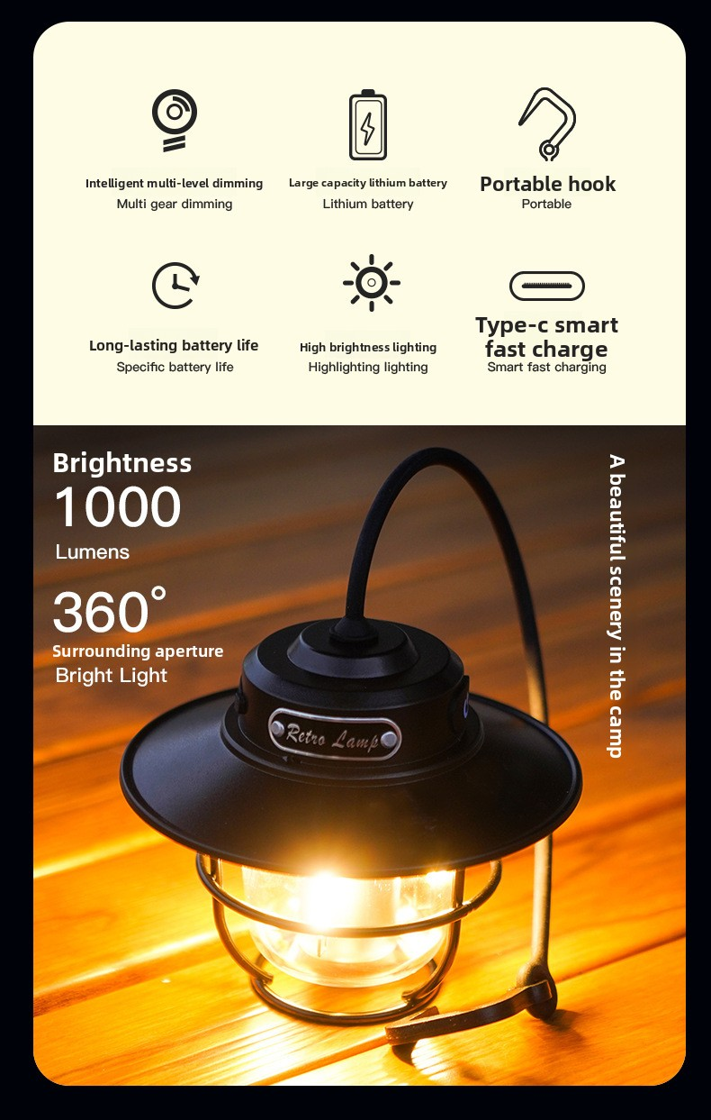 Retro LED Camping Lantern Rechargeable Pinecone Light Dimmable 4 Modes IPX4 Waterproof Hanging Tent Lamp for Outdoor Hiking Fishing Khaki