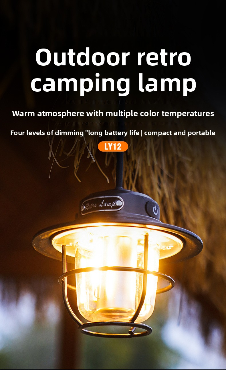 Retro LED Camping Lantern Rechargeable Pinecone Light Dimmable 4 Modes IPX4 Waterproof Hanging Tent Lamp for Outdoor Hiking Fishing Black