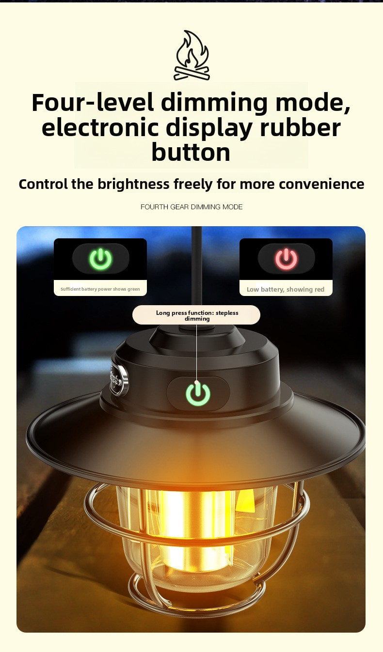 Retro LED Camping Lantern Rechargeable Pinecone Light Dimmable 4 Modes IPX4 Waterproof Hanging Tent Lamp for Outdoor Hiking Fishing Black