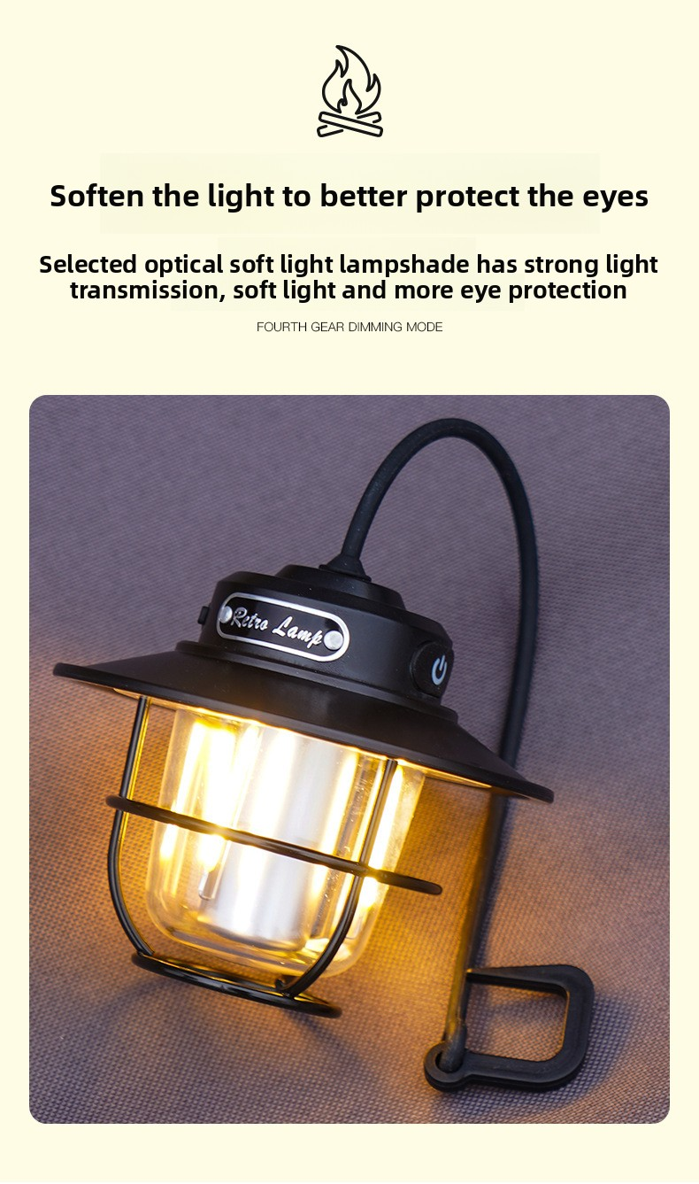 Retro LED Camping Lantern Rechargeable Pinecone Light Dimmable 4 Modes IPX4 Waterproof Hanging Tent Lamp for Outdoor Hiking Fishing Black