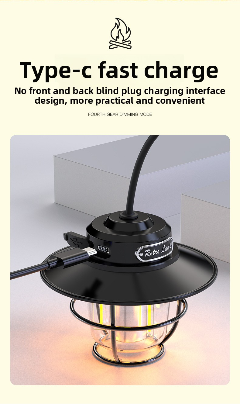 Retro LED Camping Lantern Rechargeable Pinecone Light Dimmable 4 Modes IPX4 Waterproof Hanging Tent Lamp for Outdoor Hiking Fishing Black