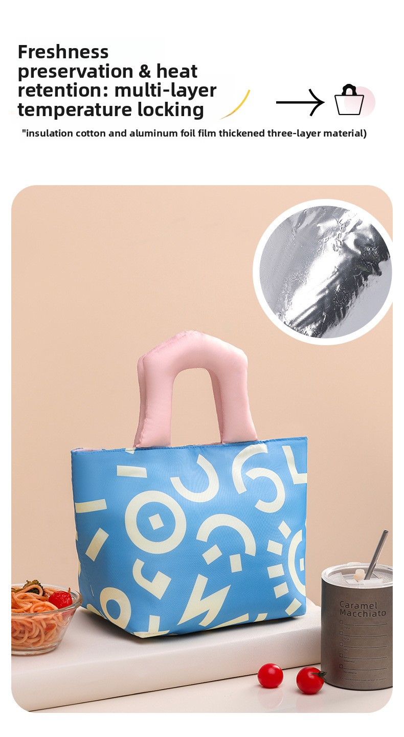 Insulated Lunch Bag Tote Fashion Graffiti Print with Soft Padded Handle Waterproof Thermal Cooler Bento Case for Work School and Picnics Blue with Pink Handle