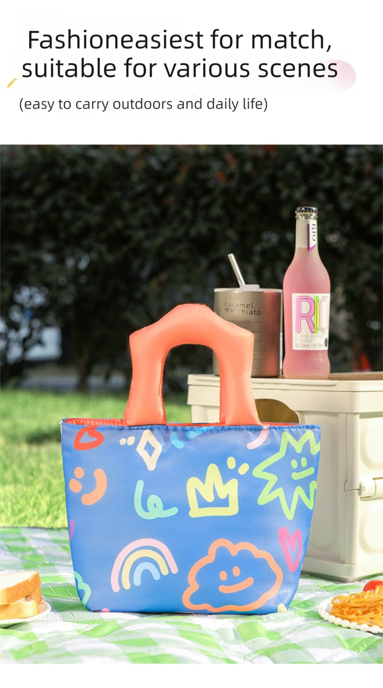 Insulated Lunch Bag Tote Fashion Graffiti Print with Soft Padded Handle Waterproof Thermal Cooler Bento Case for Work School and Picnics Blue with Green Handle