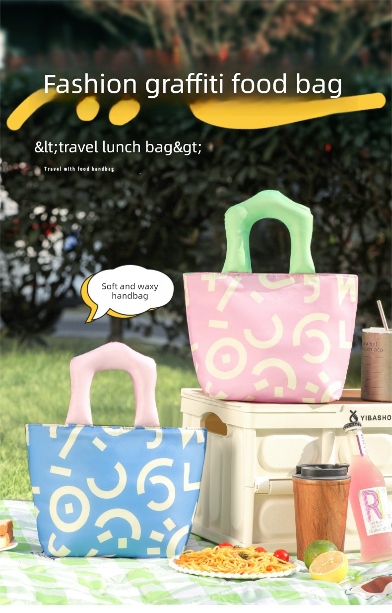 Insulated Lunch Bag Tote Fashion Graffiti Print with Soft Padded Handle Waterproof Thermal Cooler Bento Case for Work School and Picnics Blue with Purple Handle