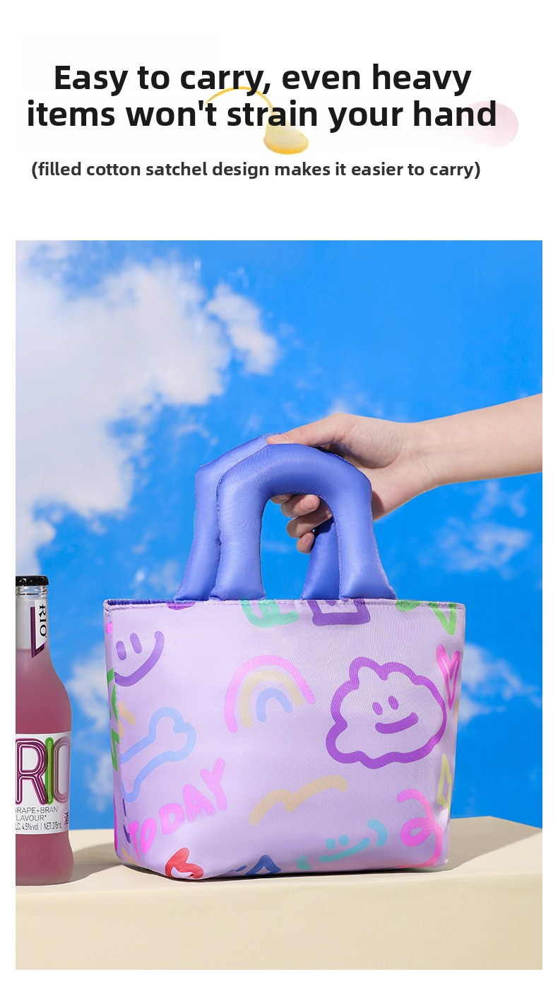 Insulated Lunch Bag Tote Fashion Graffiti Print with Soft Padded Handle Waterproof Thermal Cooler Bento Case for Work School and Picnics Blue with Purple Handle