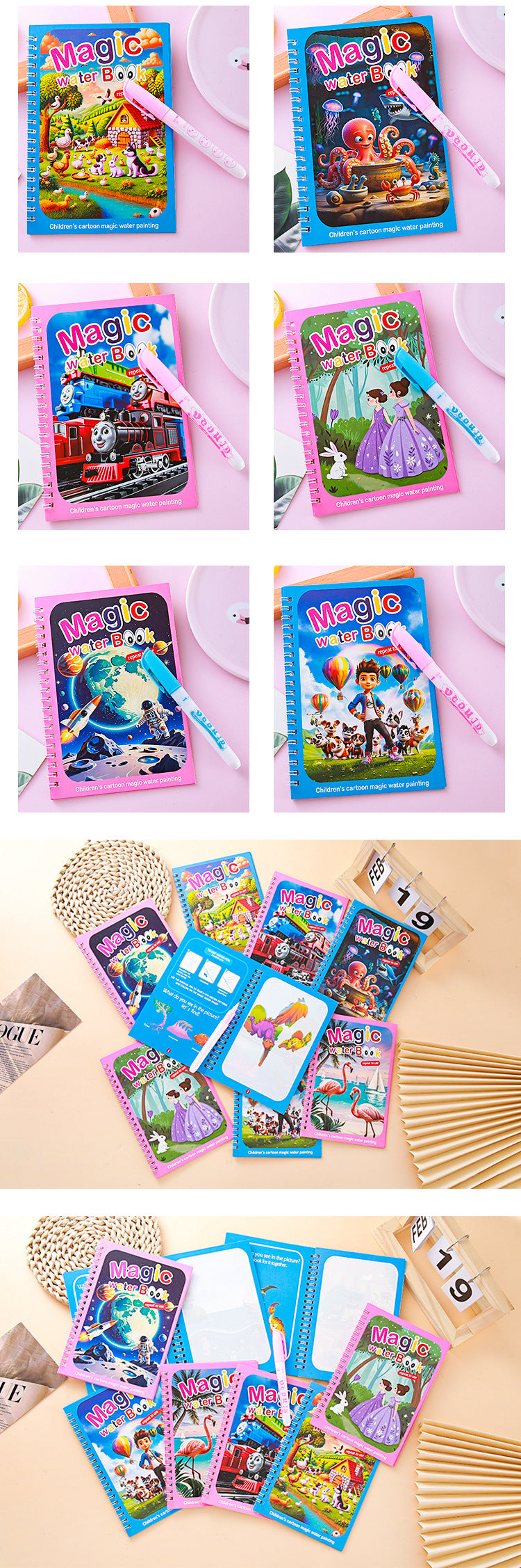 2 PCS Magic Water Colouring Book Reusable Mess Free Painting Set Dinosaur and Flamingo Themes with Refillable Water Pens for Kids Travel Activity and Educational Art