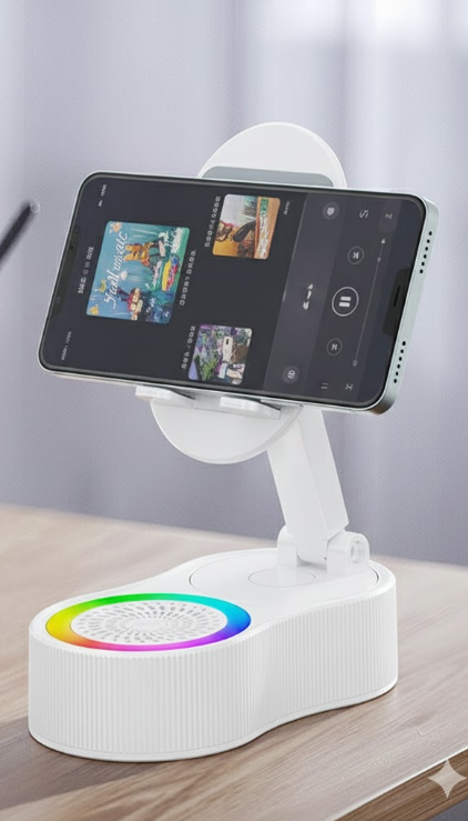 3-in-1 Wireless Induction Speaker & Phone Stand with Power Bank - Bluetooth 5.3 Audio Station - Adjustable Desktop Holder with RGB Lights - White