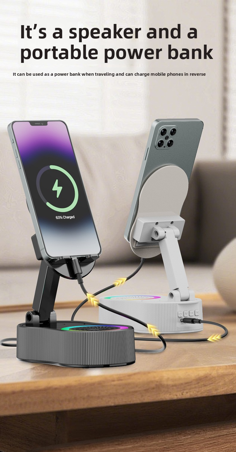 3-in-1 Wireless Induction Speaker & Phone Stand with Power Bank - Bluetooth 5.3 Audio Station - Adjustable Desktop Holder with RGB Lights - White