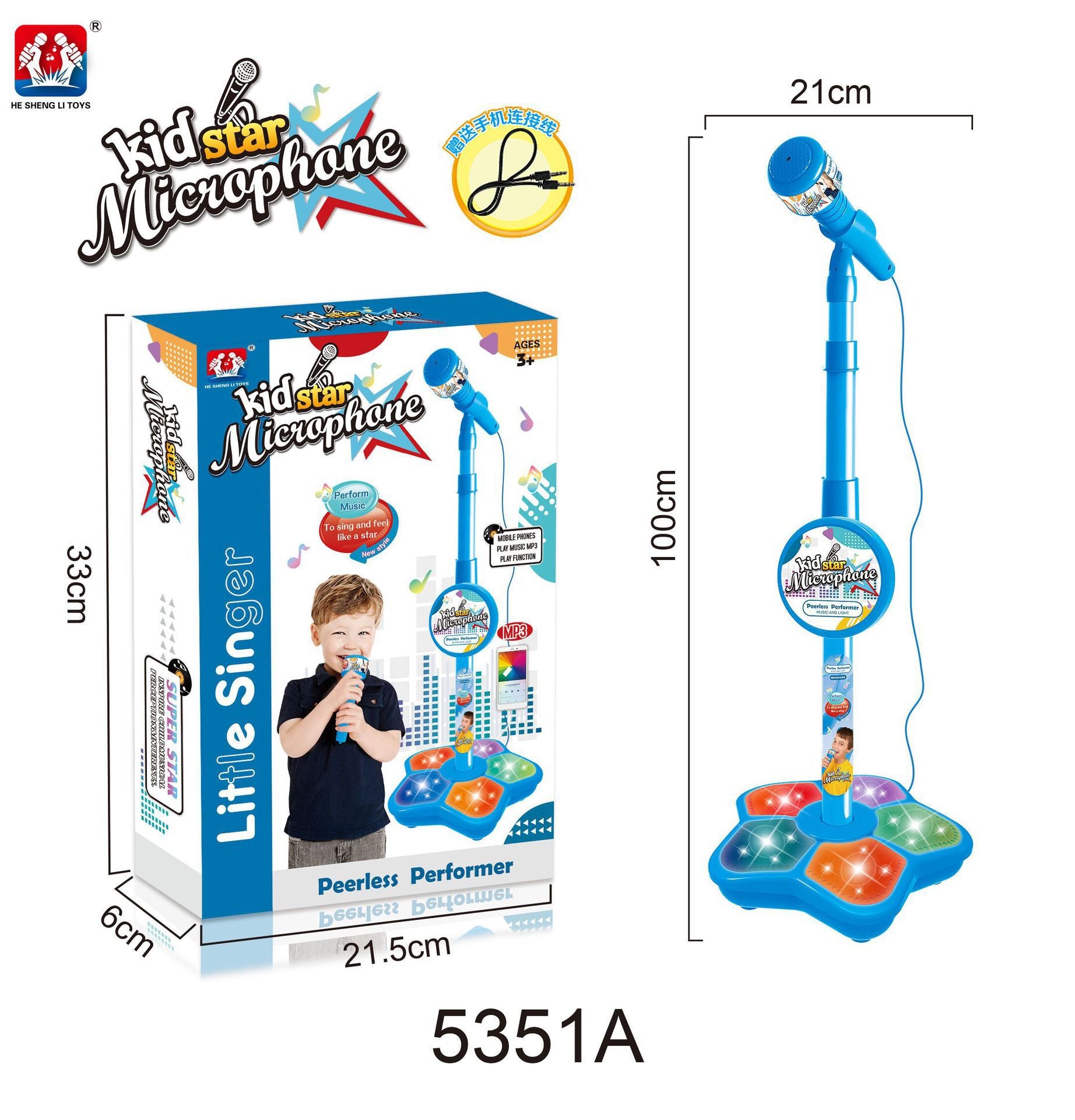 Kids Blue Karaoke Microphone & Adjustable Stand Toy - Portable Singing Machine Educational Musical Toy, Connects to Smartphones for MP3 Music Playback