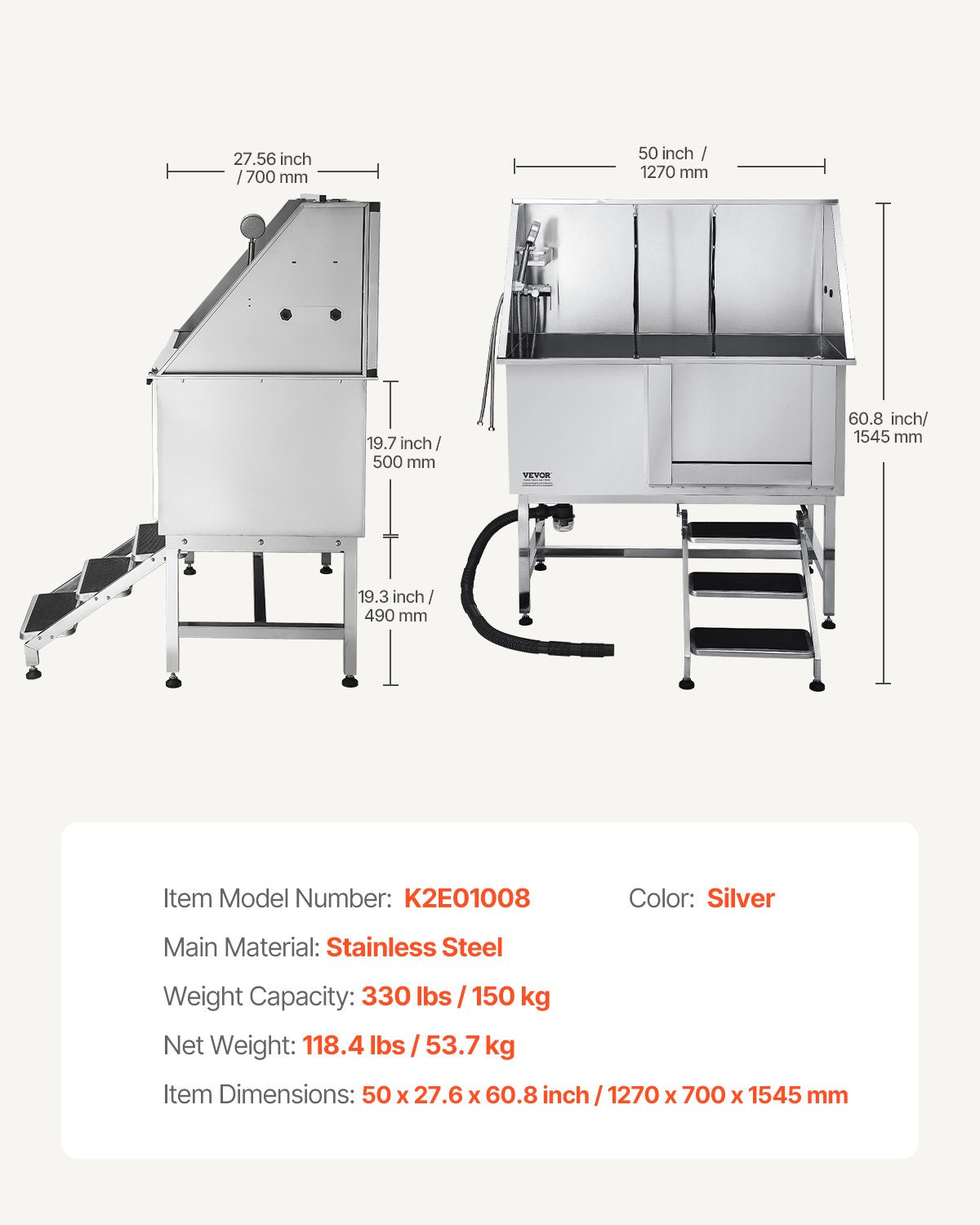 VEVOR 127 cm Dog Grooming Bath Tub Stainless Steel w Stairs Water Filter
