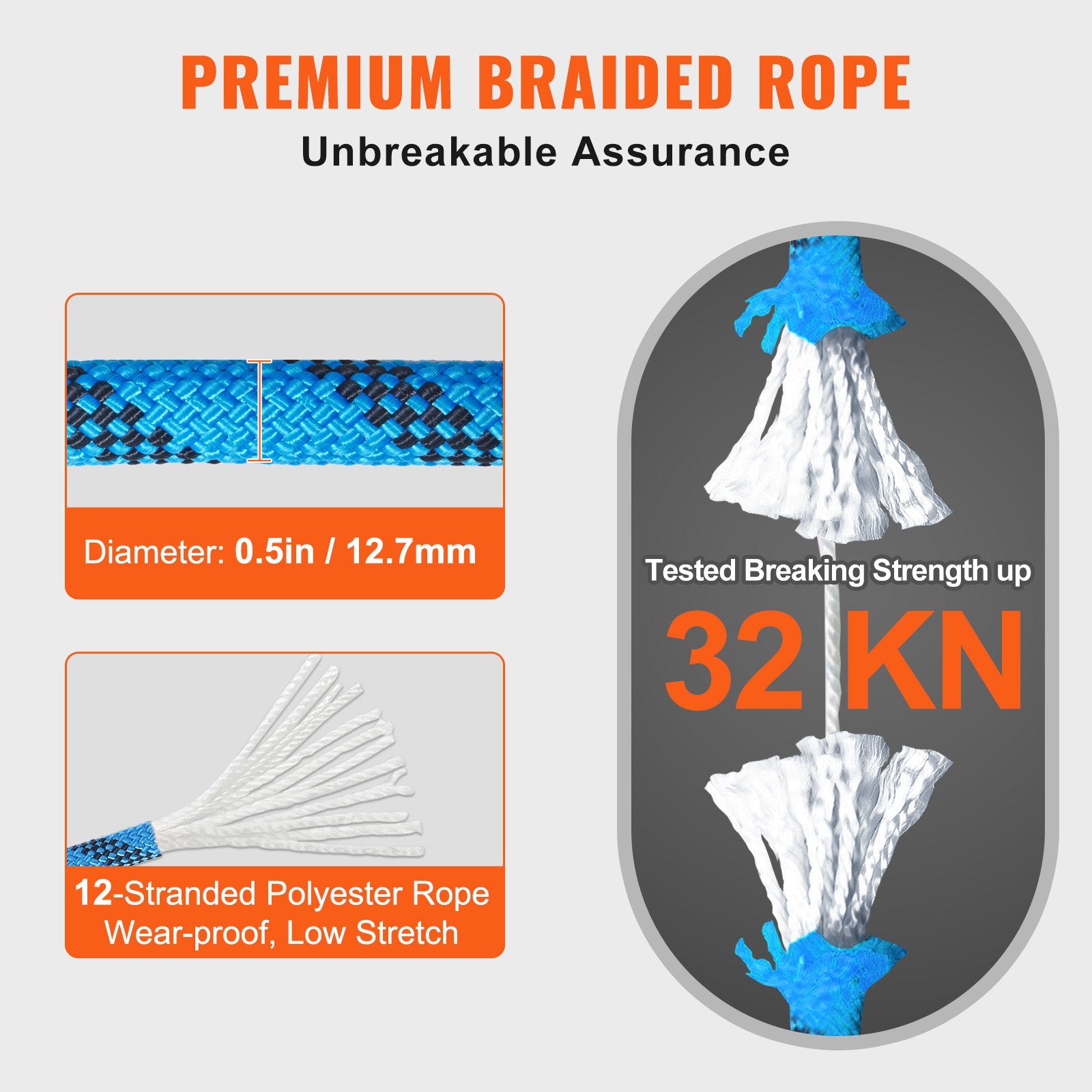 VEVOR 12.7mm Static Climbing Rope, 45.7M(150ft) Outdoor Rock Climbing Rope 30KN Breaking Tension, Fiber Rope with Steel Snap Hooks for Escape, Rappelling, Fire Rescue, Blue