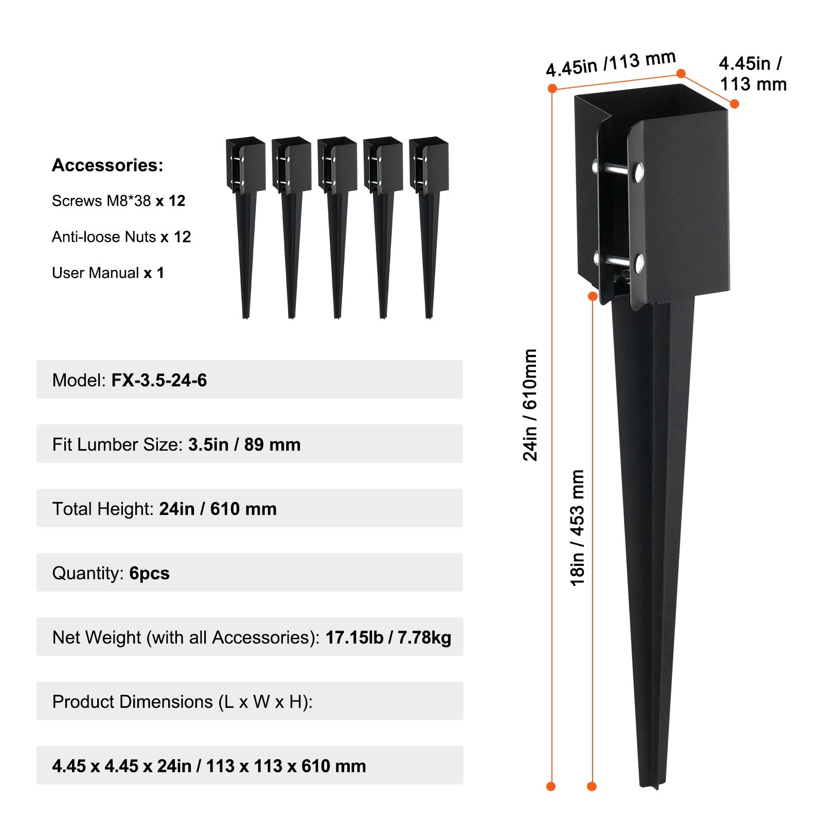 VEVOR Fence Post Anchor Ground Spike 6 Pack 24 x 4 x 4 In Metal Fence Stakes