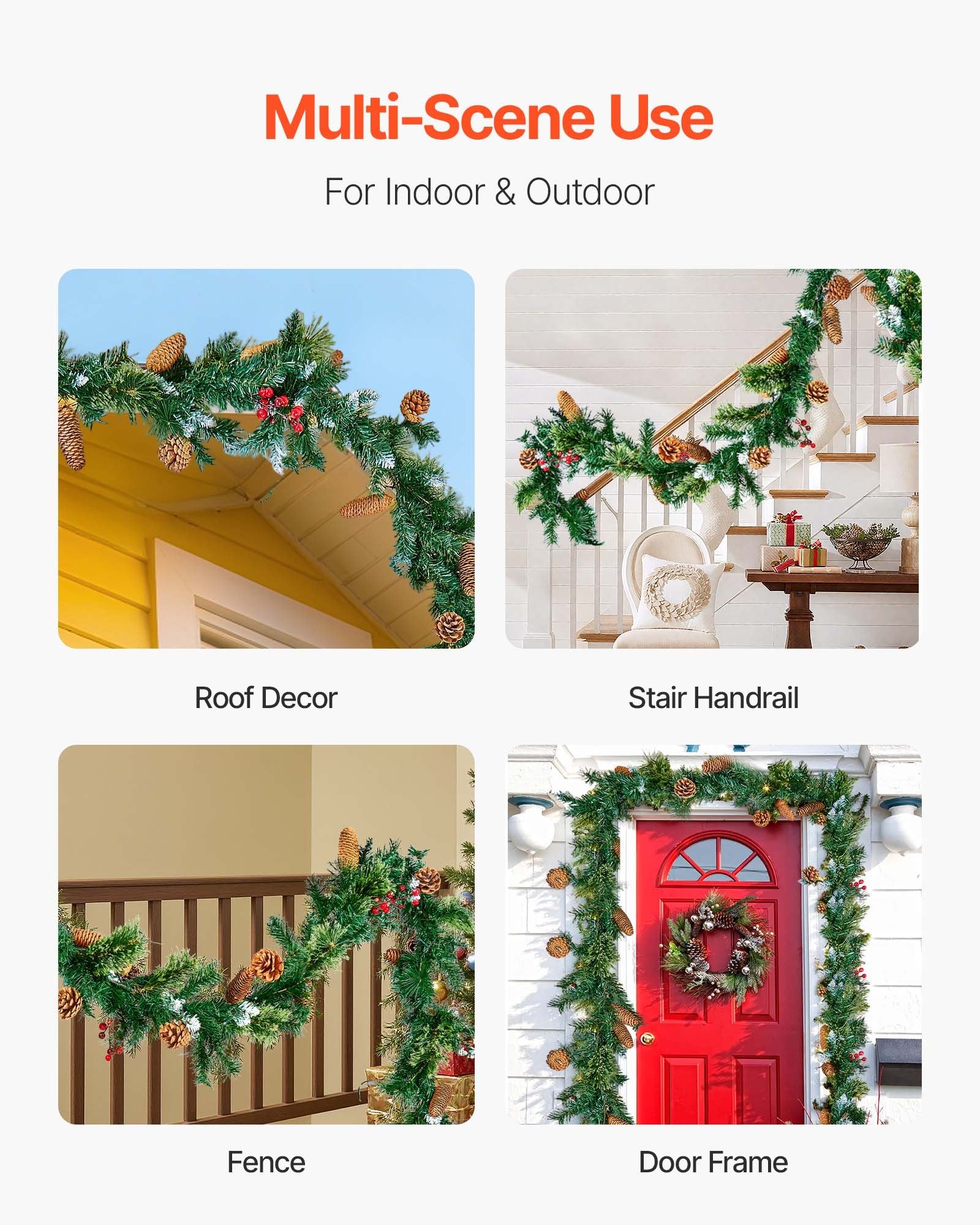 VEVOR Christmas Garland, 2750mm Artificial Christmas Garland with Light String, Faux Greenery Decoration with Berry Clusters, Pine Needles, Pine Cones, Realistic Xmas Collection for Mantel Fireplace