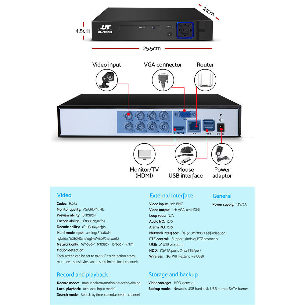 ul-tech-8ch-5-in-1-dvr-cctv-security-system-video-recorder-w-4-cameras-1080p-hdmi-black