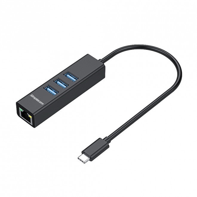 simplecom-chn421-black-aluminium-usb-c-to-3-port-usb-hub-with-gigabit-ethernet-adapter-cbat-usbclan