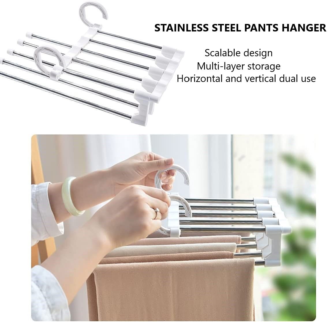 2-pack-stainless-steel-adjustable-5-in-1-pants-hangers-non-slip-space-saving-for-home-storage