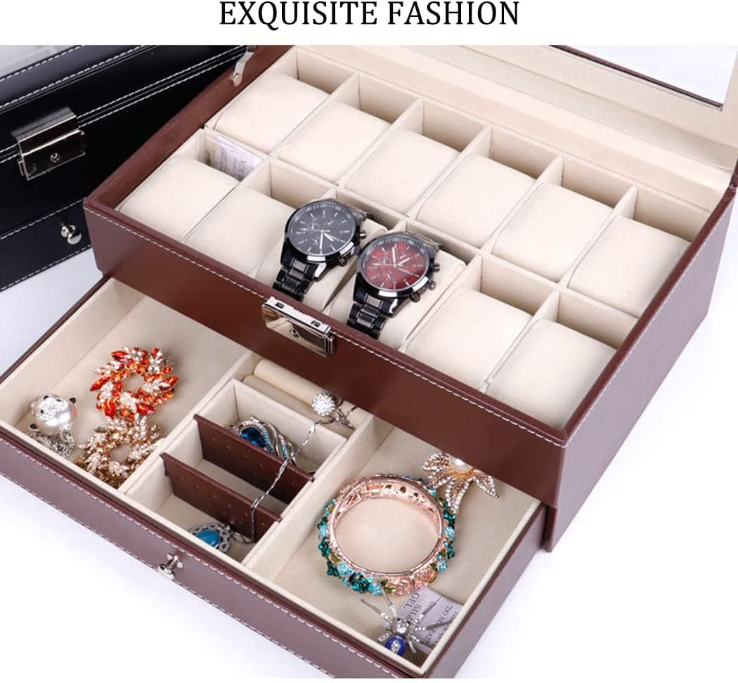 12 Slot PU Leather Lockable Watch and Jewelry Storage Boxes (Brown)