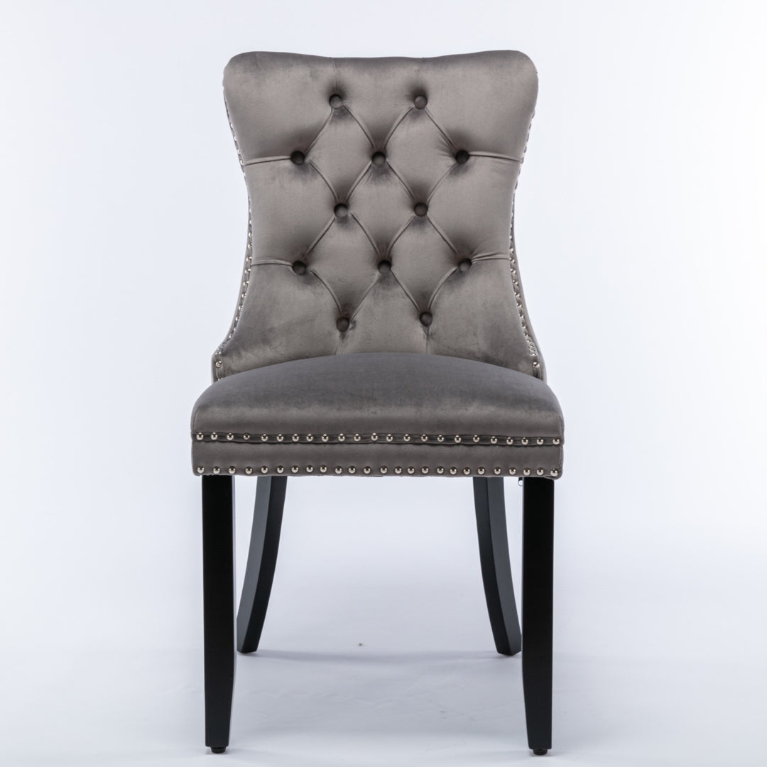 2x Velvet Dining Chairs with Solid Wood Legs -Gray