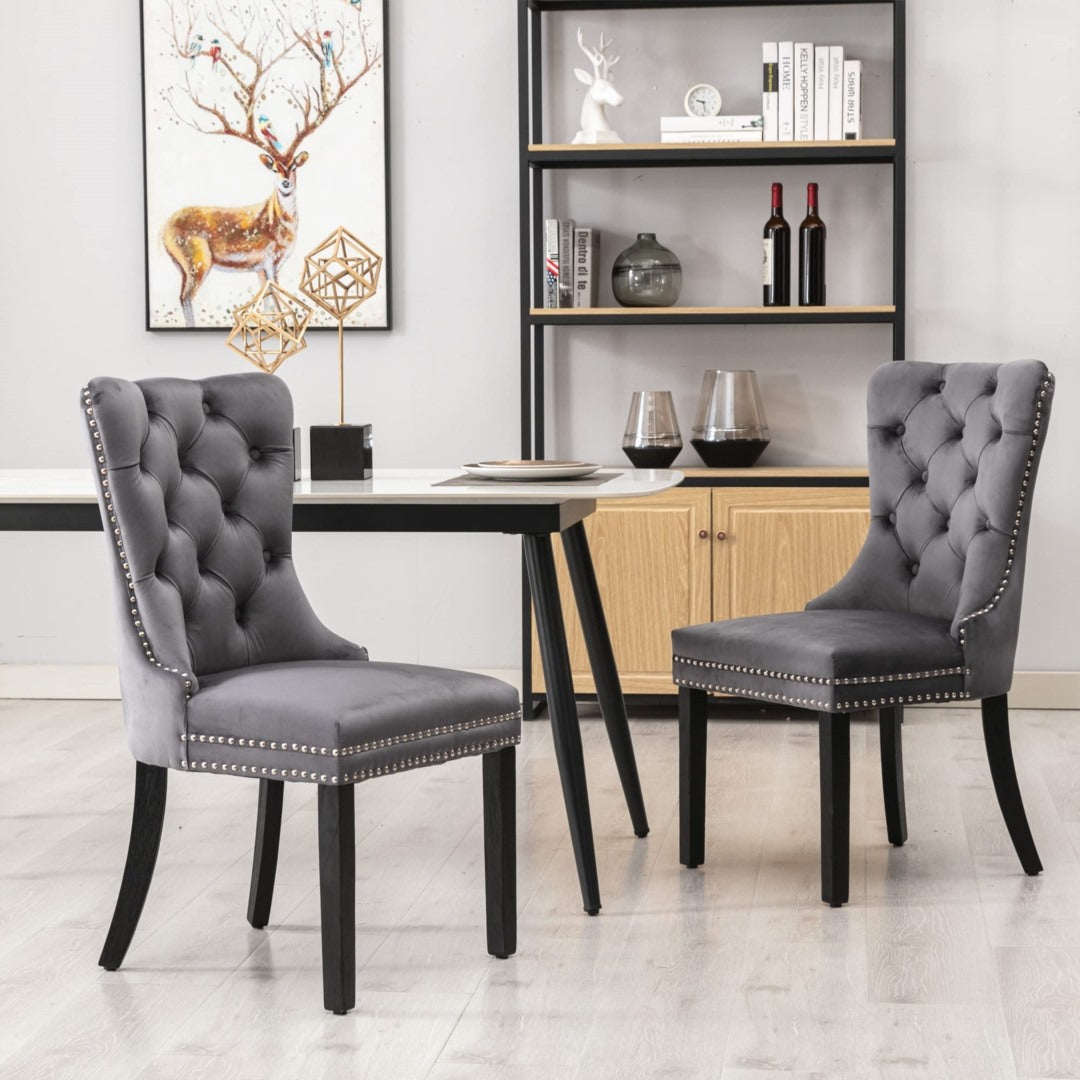 2x Velvet Dining Chairs with Solid Wood Legs -Gray