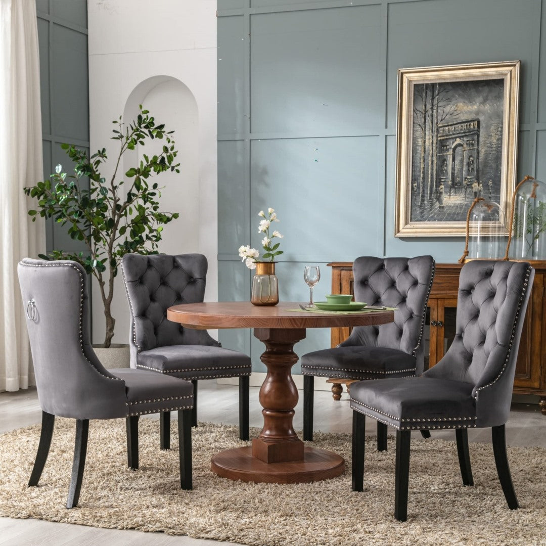 2x Velvet Dining Chairs with Solid Wood Legs -Gray