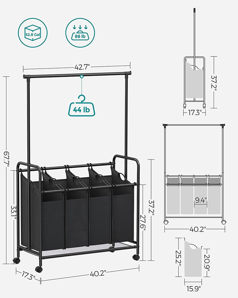 songmics-4-bag-laundry-sorter-rolling-cart-with-hanging-bar-heavy-duty-wheels-black-rls44b