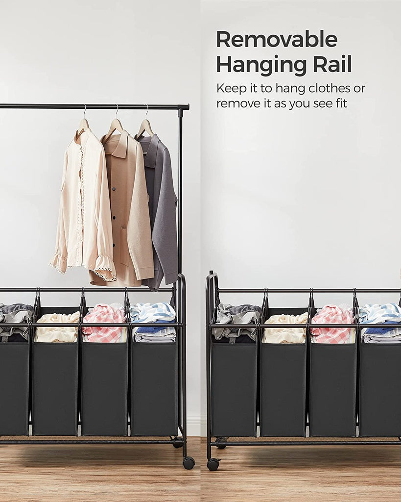 songmics-4-bag-laundry-sorter-rolling-cart-with-hanging-bar-heavy-duty-wheels-black-rls44b
