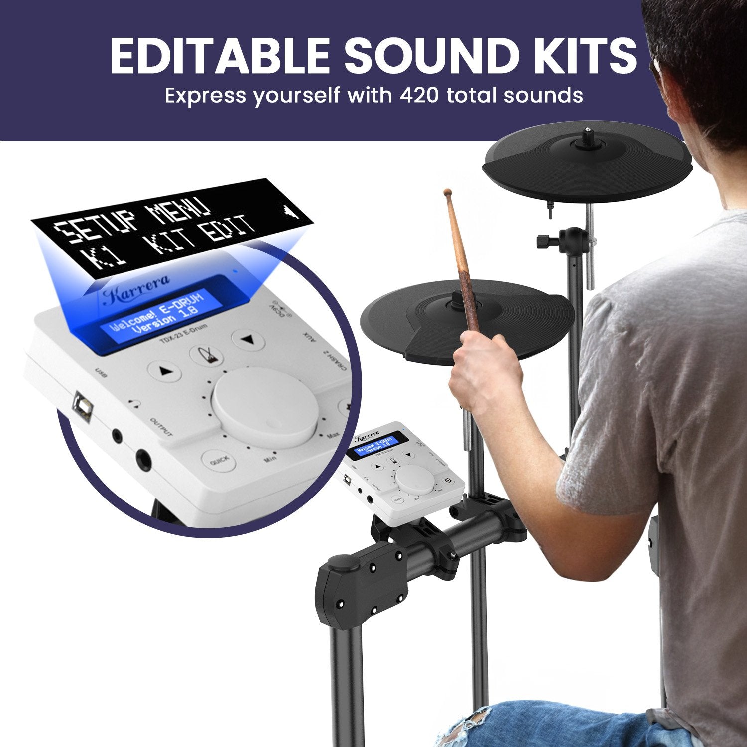 Karrera X23 Electronic Drum Kit Quiet Mesh Drum Heads, Editable Sound Kits, Usb Midi -420 Sound