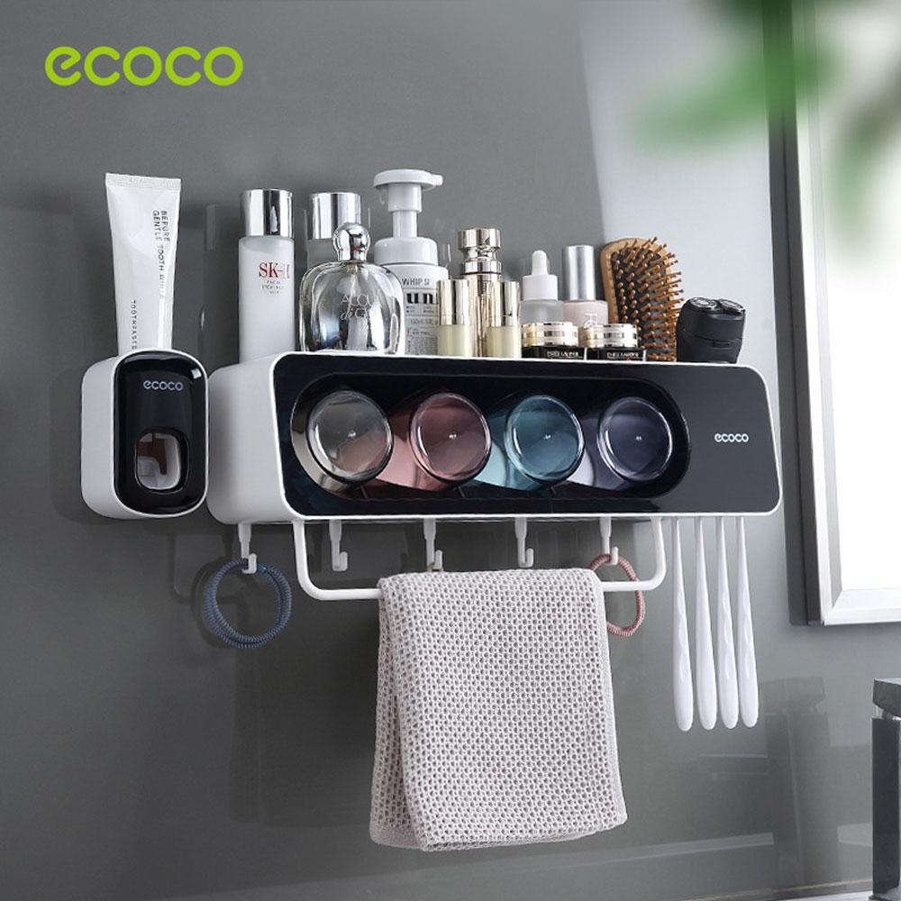 ecoco-wall-mounted-toothbrush-holder-with-4-cups-and-4-toothbrush-slots-toiletries-bathroom-storage-rack-black