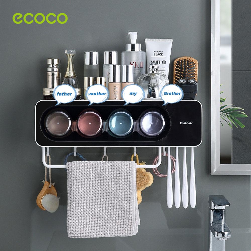 ecoco-wall-mounted-toothbrush-holder-with-4-cups-and-4-toothbrush-slots-toiletries-bathroom-storage-rack-black