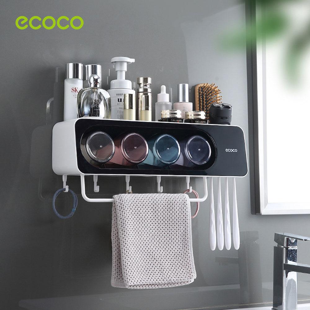 ecoco-wall-mounted-toothbrush-holder-with-4-cups-and-4-toothbrush-slots-toiletries-bathroom-storage-rack-black