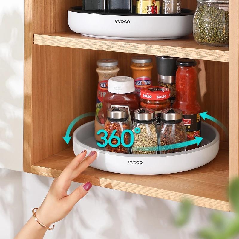 ecoco-kitchen-rotating-spice-condiment-storage-rack-bathroom-swivel-tray-organizer-grey
