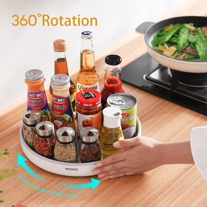 ecoco-kitchen-rotating-spice-condiment-storage-rack-bathroom-swivel-tray-organizer-grey
