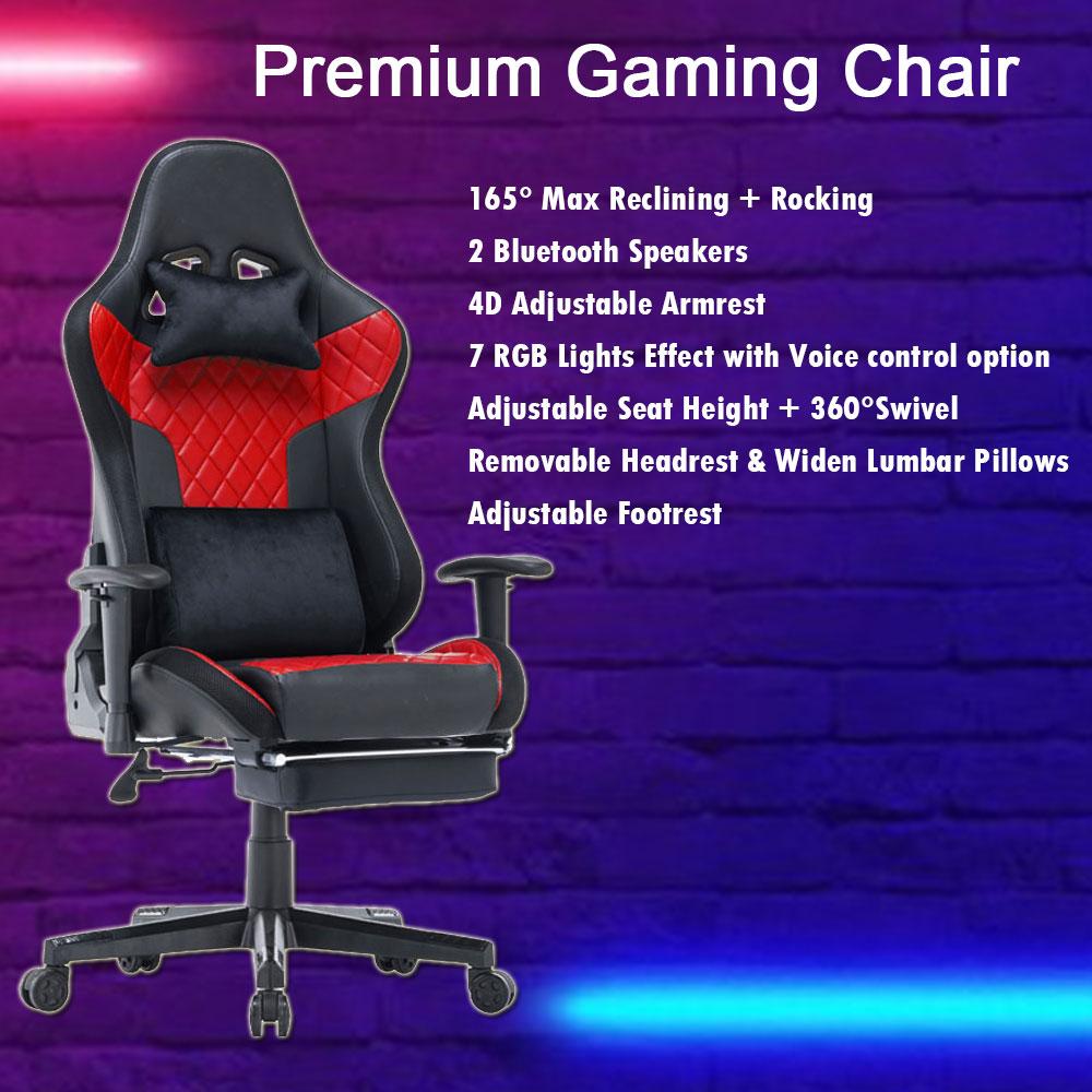 7 RGB Lights Bluetooth Speaker Gaming Chair 165° Reclining Black Red