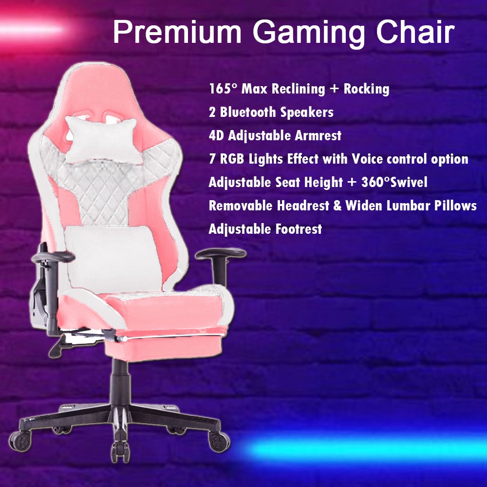 7 RGB Lights Bluetooth Speaker Gaming Chair 165°  Footrest Pink White