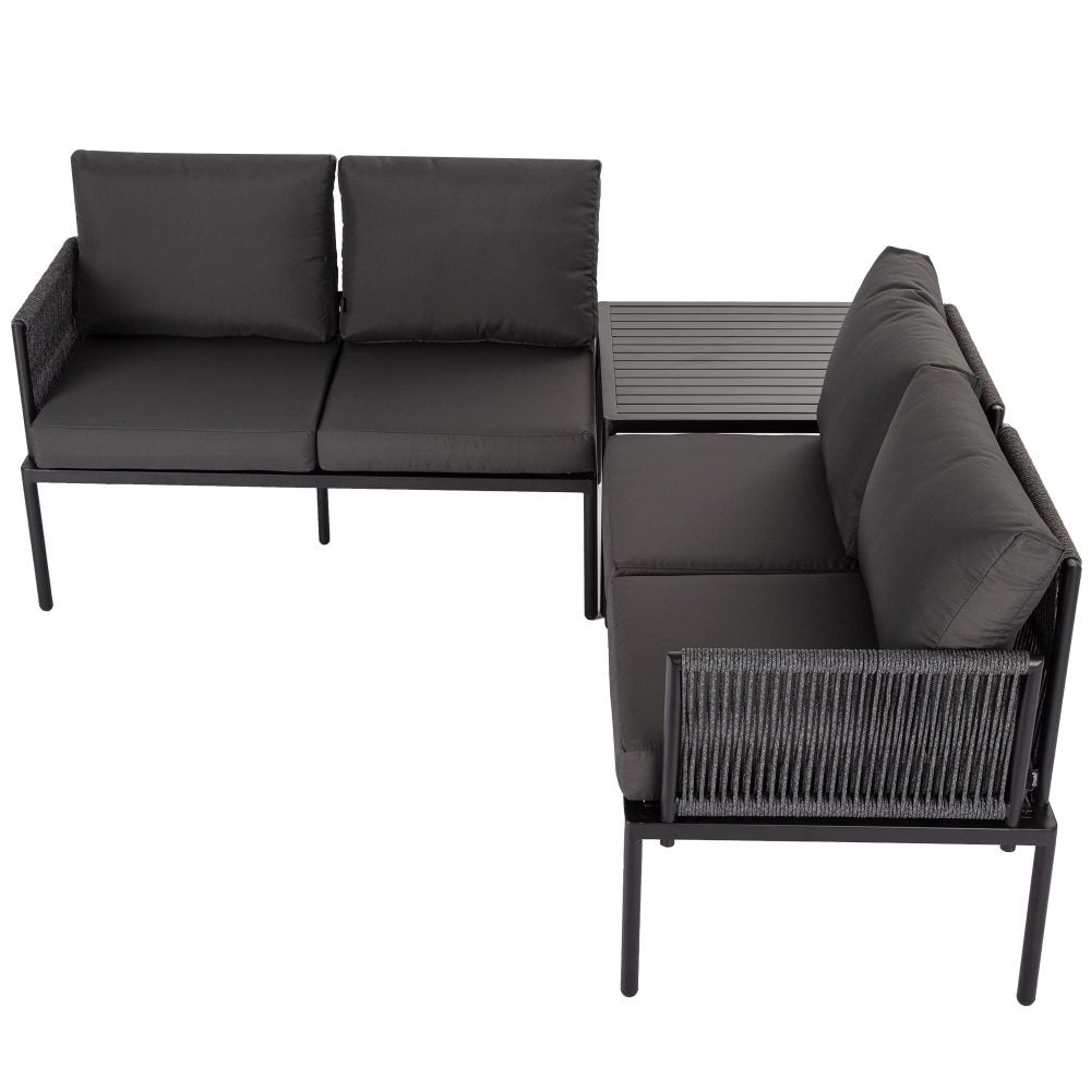 Eden 4-Seater Outdoor Lounge Set with Coffee Table in Black-Textile and Rope Design