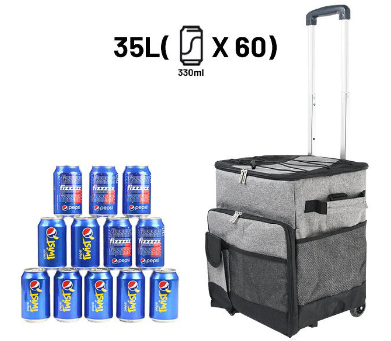 Cooler Picnic Bag Trolley Thermally Insulated - 36L - 60 cans - Grey - Drinks Food Cool Bag Rainproof