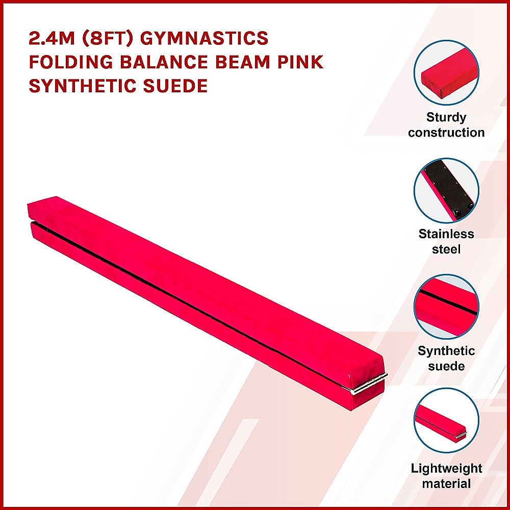 2-4m-8ft-gymnastics-folding-balance-beam-pink-synthetic-suede